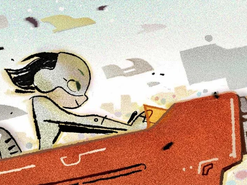 Cartoon figure driving a red futuristic vehicle against an abstract background.