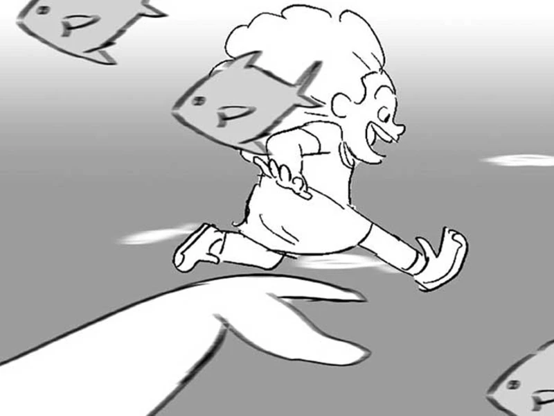 Cartoon character running on a whale's back with floating fish.