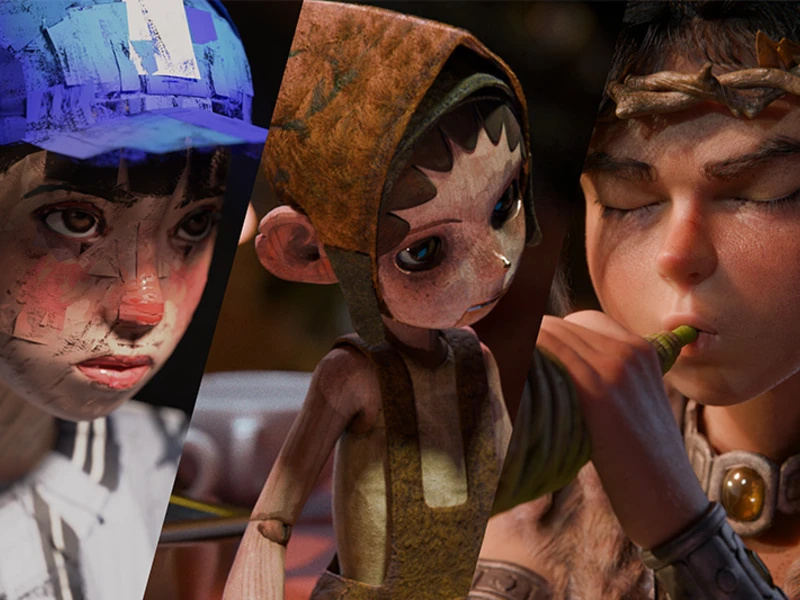 Three animated characters with distinct styles, each in a separate vertical panel.