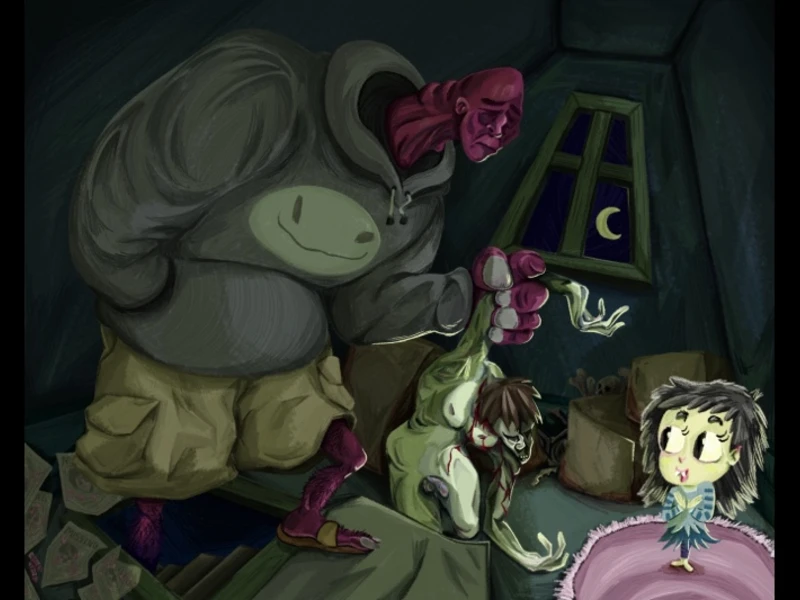 A whimsical attic scene with three characters: a large figure in a hoodie, a small green character, and a child on a pink rug, with a crescent moon visible through the window.