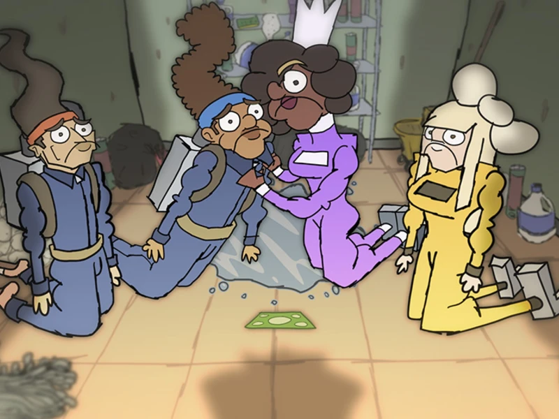 Cartoon of four divers in a cluttered room with diving suits and flippers, acting dramatically.