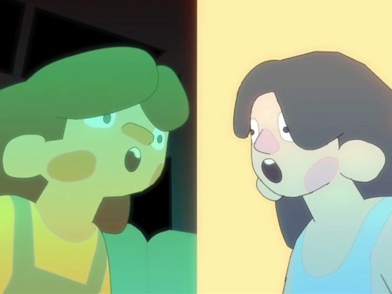 Two cartoon characters facing each other, divided by a vertical line, in contrasting color schemes.