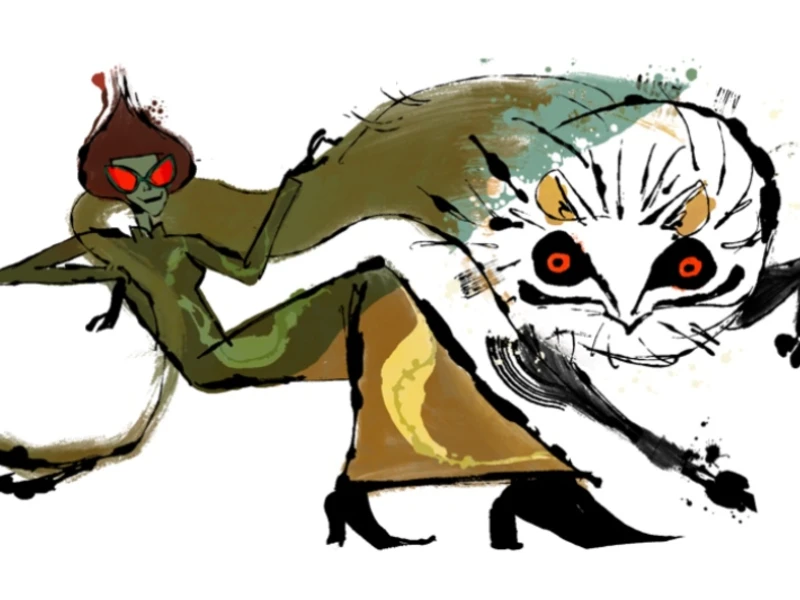 Stylized character in a green dress and large red eyewear, next to an abstract raccoon-like creature with red eyes.