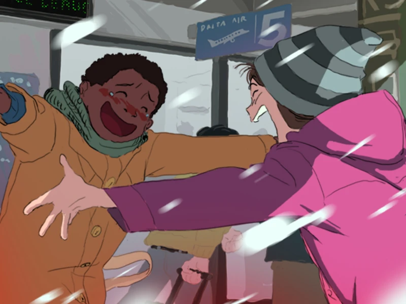 Two smiling people embrace at an airport in a snowy setting.