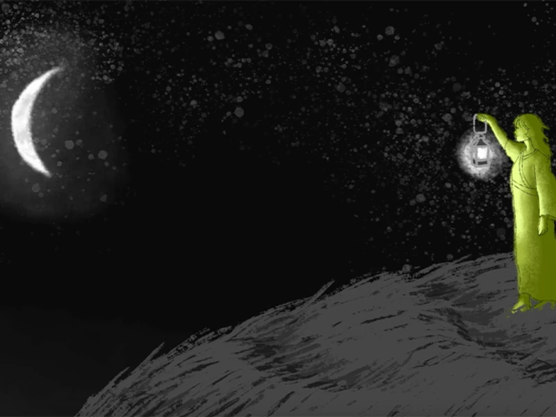 A figure in a green robe holds a lantern on a dark starry night with a crescent moon.
