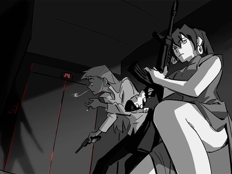 Two characters with weapons crouch tensely in a dimly lit elevator shaft.