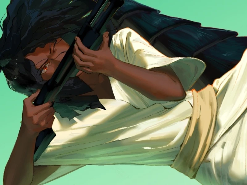 Person with dark hair aiming a firearm, wearing a cream robe, against a green background.