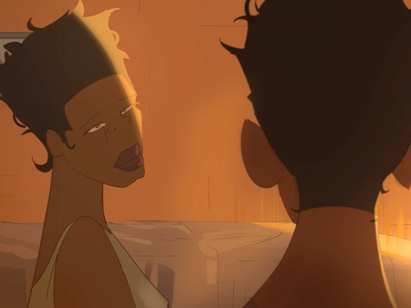 "Two animated characters in a warm, dimly lit room with an amber glow."