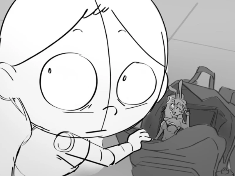 A cartoon character looks surprised while reaching toward a backpack containing a small figure.