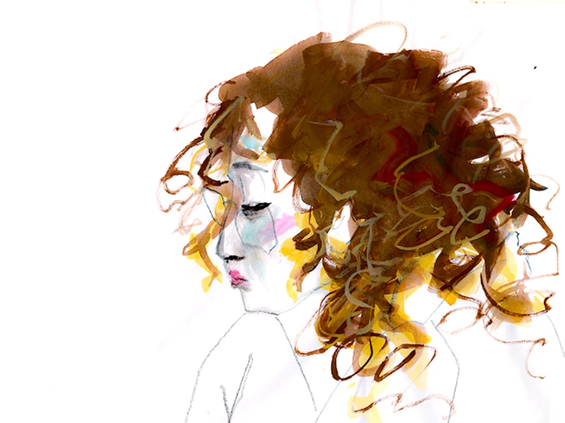 Watercolor profile of a person with curly brown hair.
