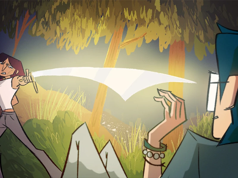 Two animated characters in a forest; one swings a glowing sword while the other reacts defensively.