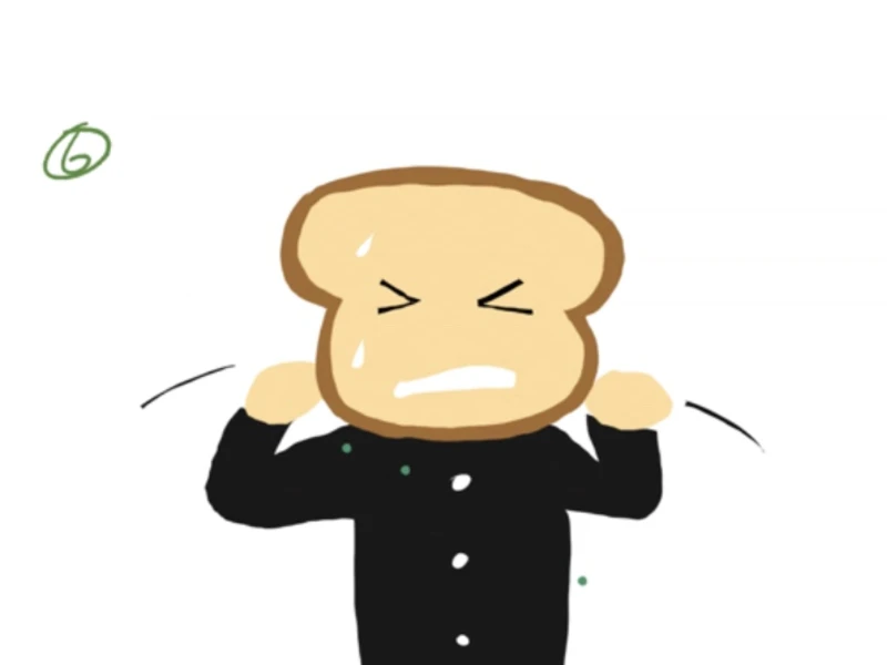 Cartoon character with a bread head, looking stressed, dressed in a black outfit.