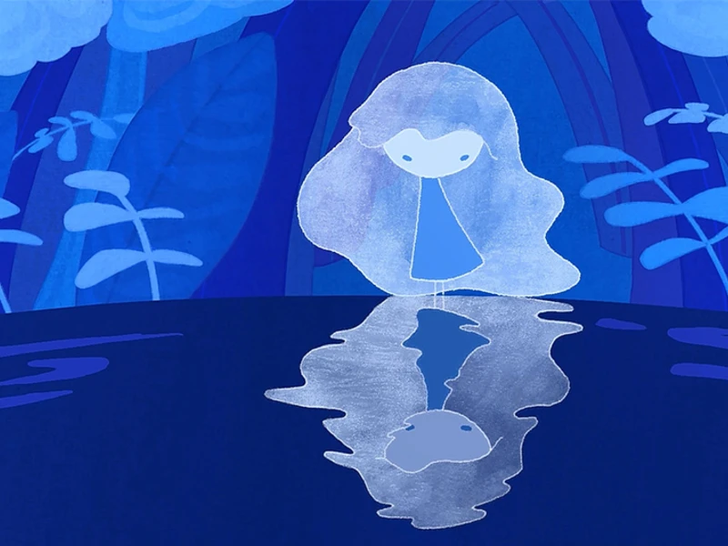 Illustrated blue-toned scene with a figure and its reflection in water.