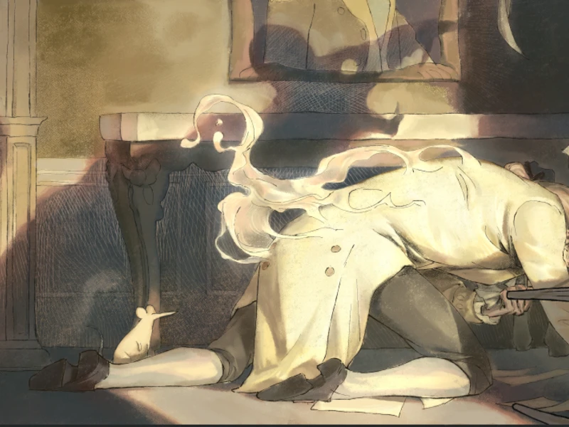 A kneeling figure in a white coat with a ghostly form emerging from their back in a dimly lit room.