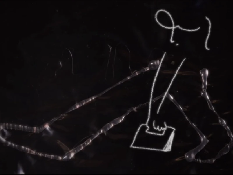 Abstract white line drawing of a figure on a dark background.