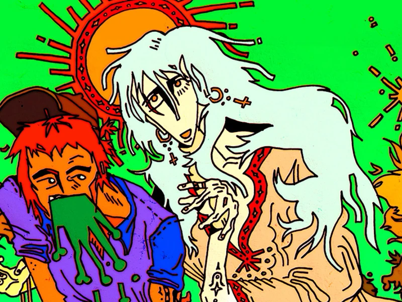 Two stylized characters, one with red hair and another with long white hair, against a green background with sun-like motifs.