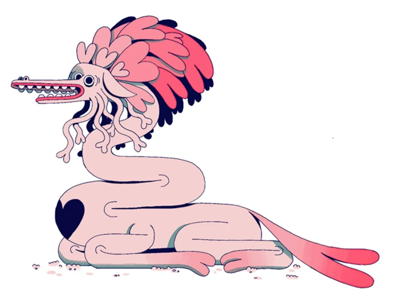 A stylized pink creature with a feathered headdress and serpentine body.