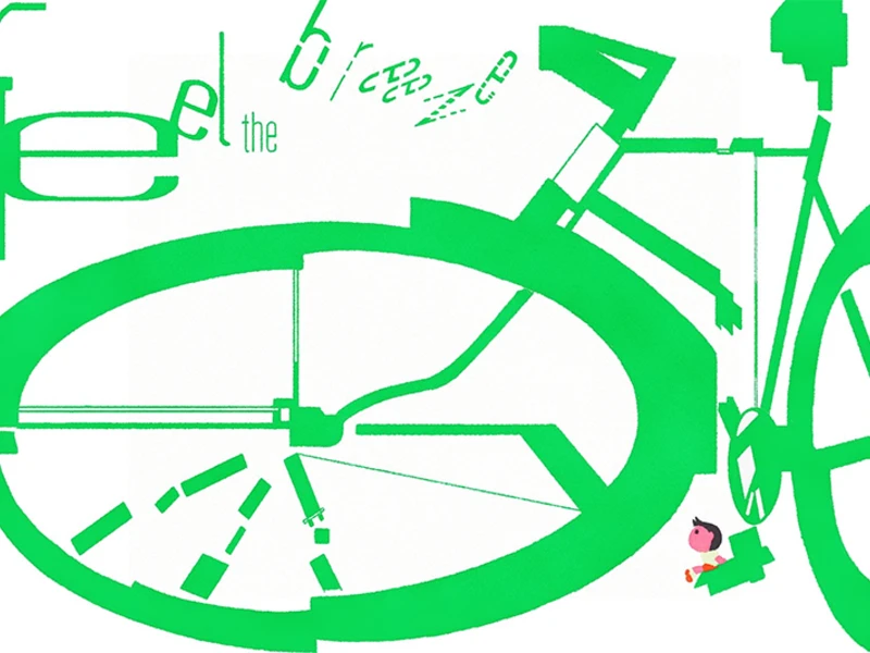 An abstract green bicycle with the text "feel the breeze" above it.