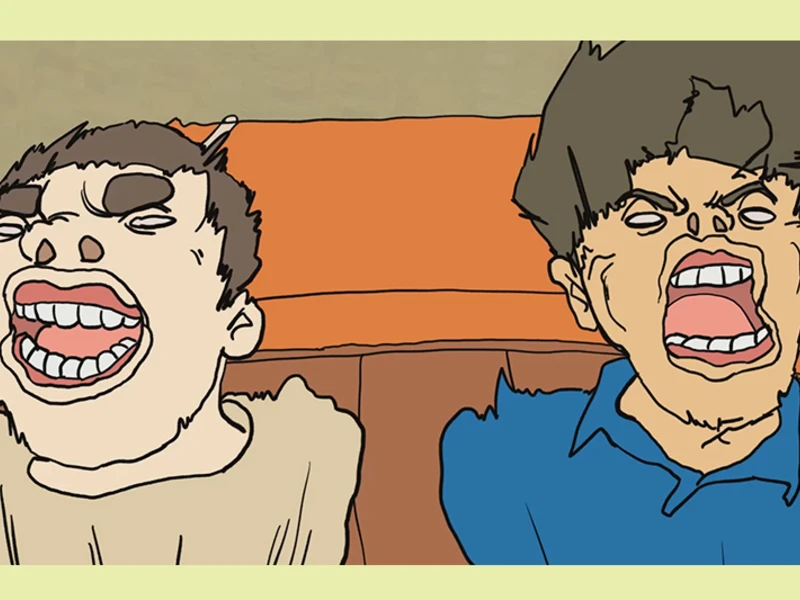 Cartoon illustration of two characters with exaggerated expressions.