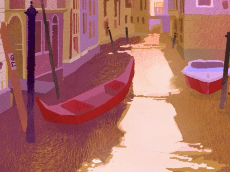 A stylized depiction of a canal with a red gondola and colorful buildings.