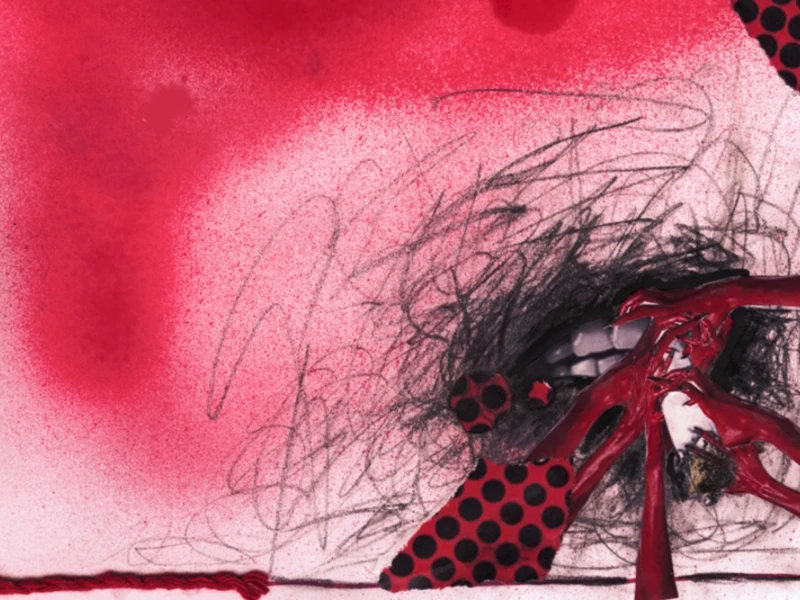 An abstract image with red and black scribbles, red branches, and polka-dotted patches on a red gradient background.