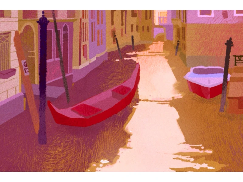 A stylized depiction of a canal with a red gondola and colorful buildings.