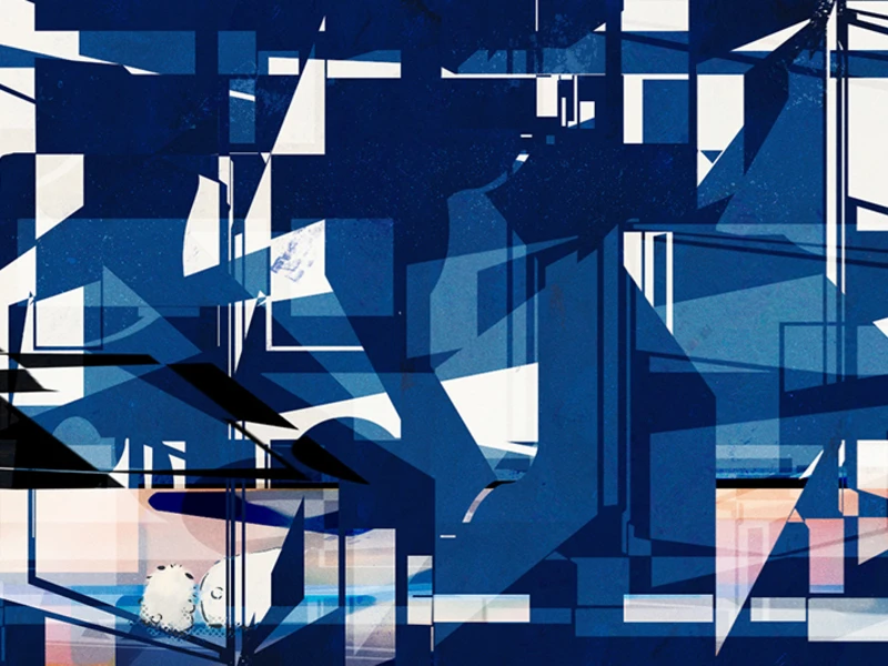 Abstract composition of intersecting blue geometric shapes on a white background.