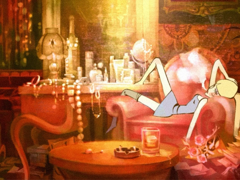 Animated character lounging on a plush red armchair in a vintage, warmly-lit room.