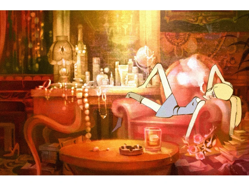 Animated character lounging on a plush red armchair in a vintage, warmly-lit room.