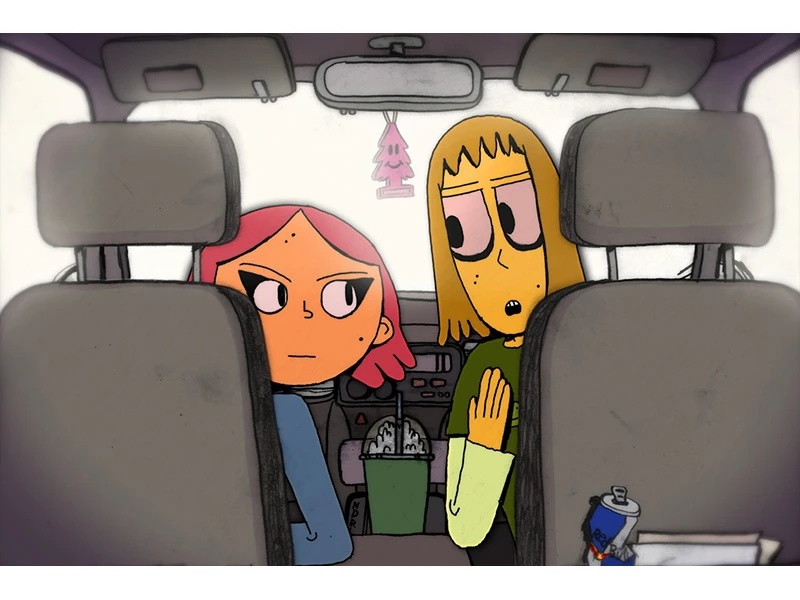 Illustration of two cartoon characters in a car, one looking annoyed and the other explaining something.