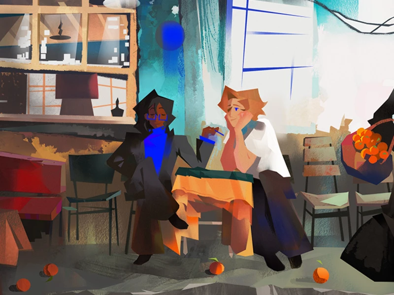Two abstract figures sitting at a small table in a room with scattered oranges and chairs.