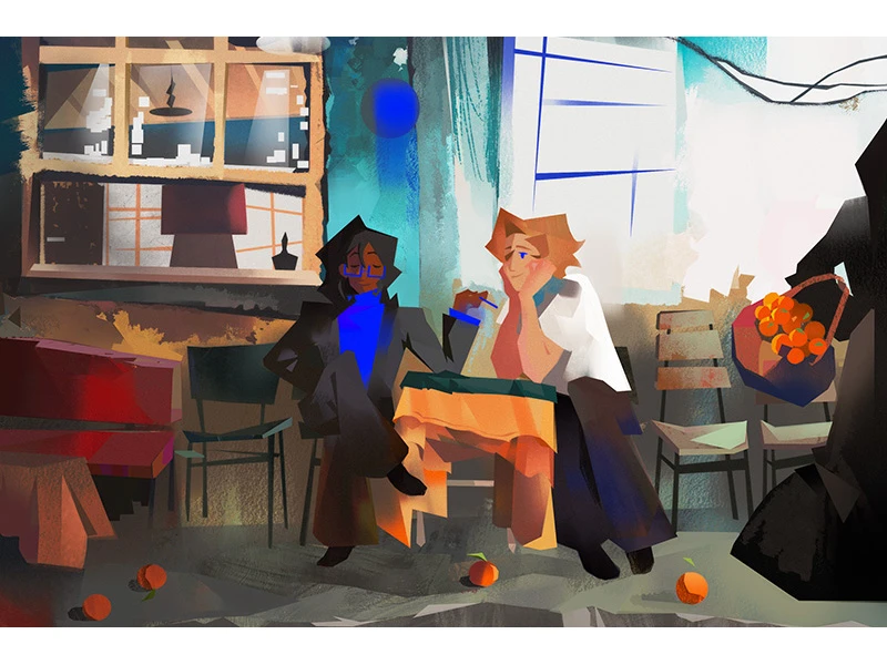 Two abstract figures sitting at a small table in a room with scattered oranges and chairs.