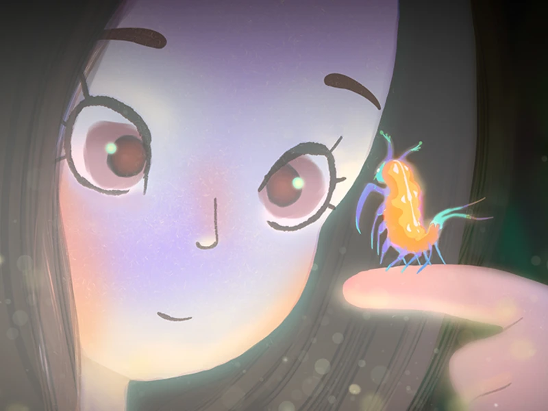 An animated character with large eyes gazes at a glowing insect on their finger.