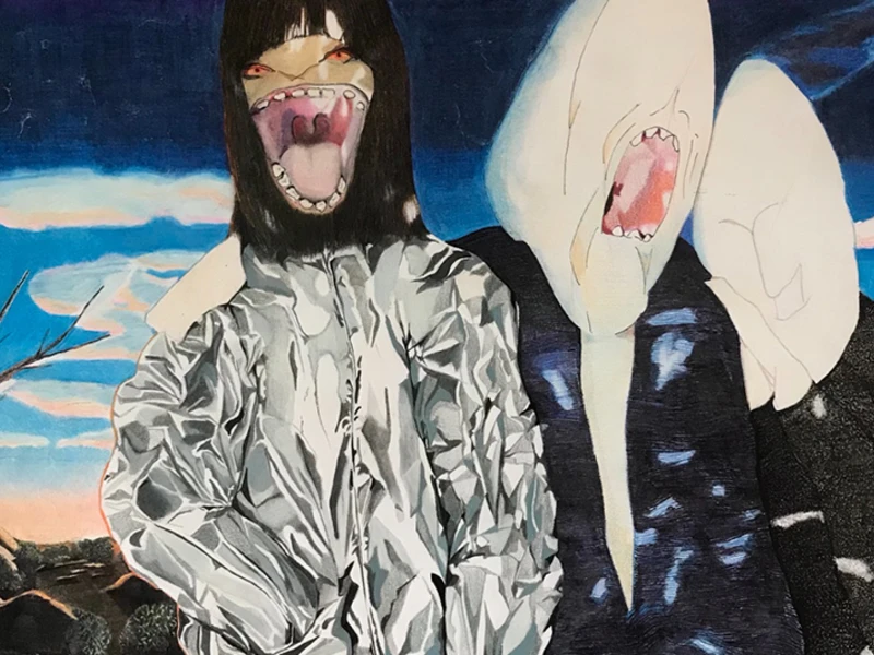 Two surreal figures blend human and shark-like features in a vivid landscape with a colorful sky.