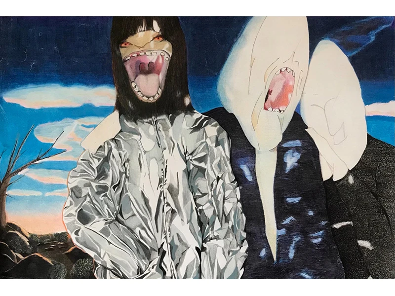 Two surreal figures blend human and shark-like features in a vivid landscape with a colorful sky.