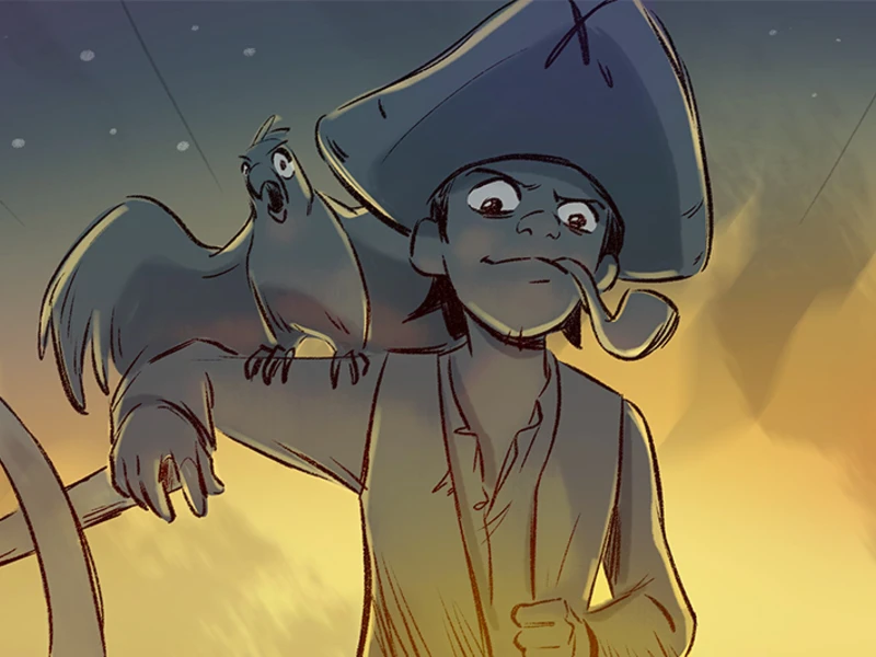 An illustration of a pirate with a hat and a pipe, accompanied by a parrot on their shoulder.