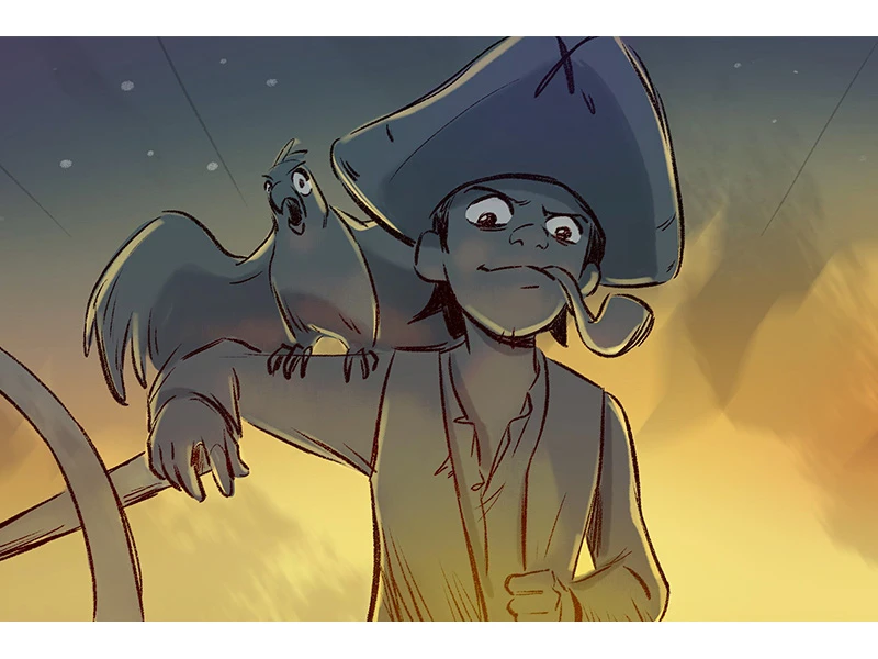 An illustration of a pirate with a hat and a pipe, accompanied by a parrot on their shoulder.