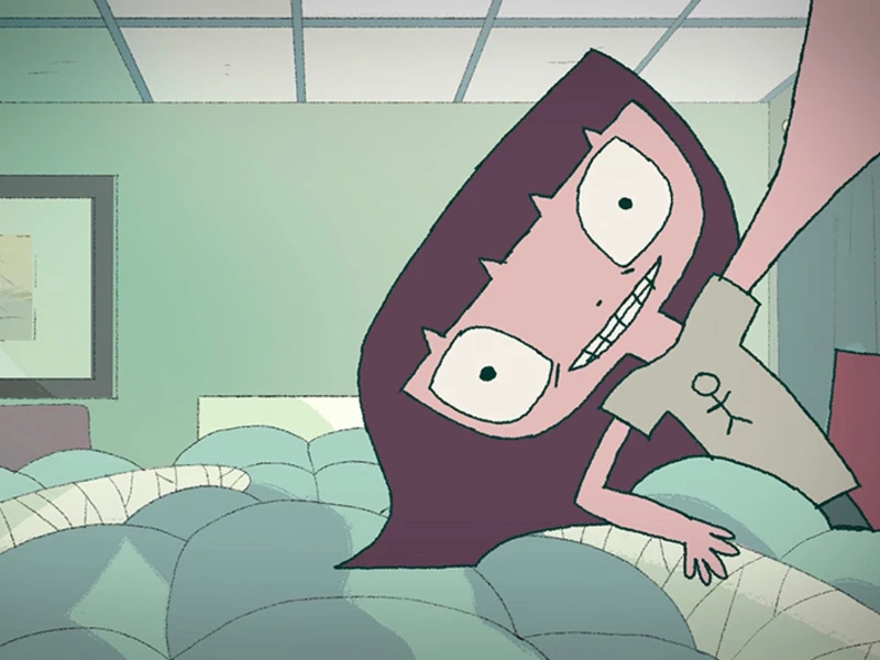 Cartoon character with large eyes and dark hair smiling, set against a pastel-colored indoor background.