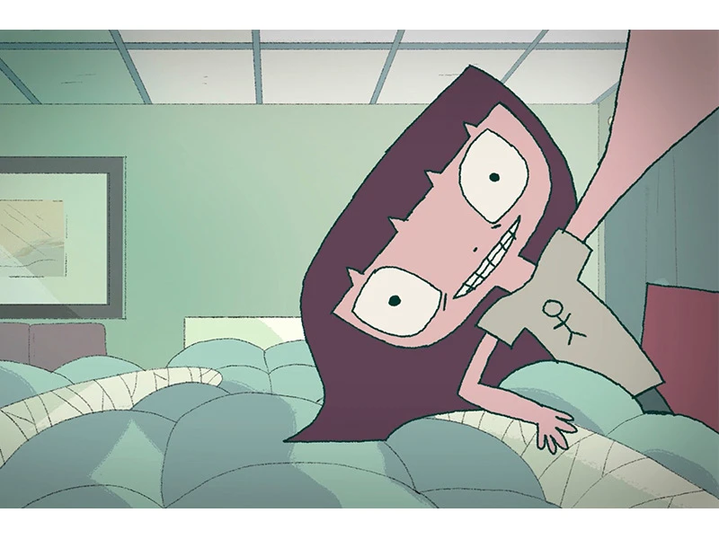 Cartoon character with large eyes and dark hair smiling, set against a pastel-colored indoor background.