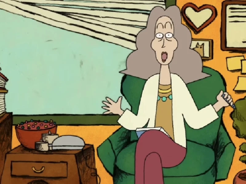 Animated person sitting in a cozy room on a green chair, surrounded by books and decor.