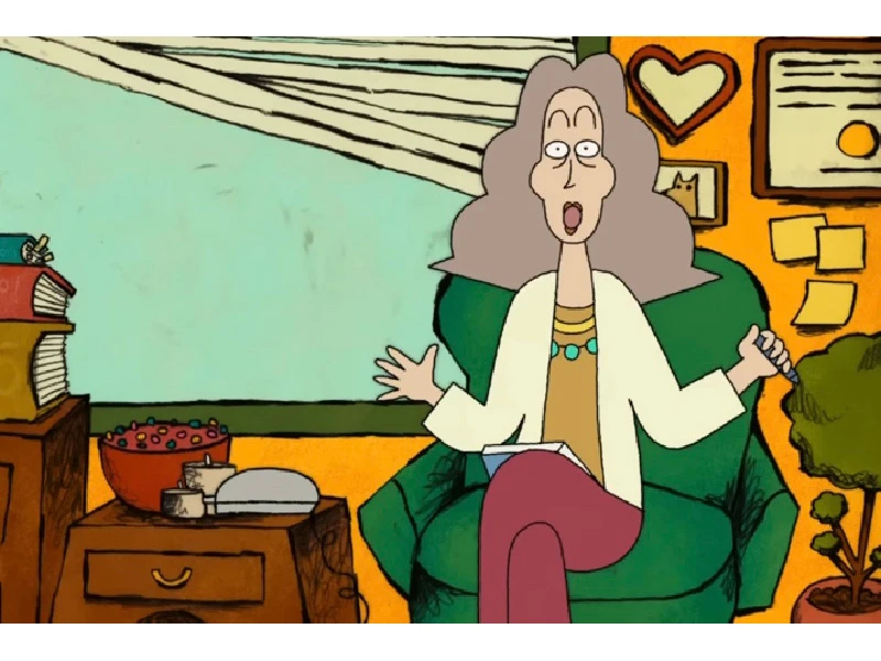 Animated person sitting in a cozy room on a green chair, surrounded by books and decor.