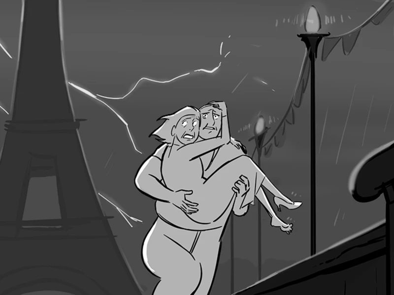 A dramatic grayscale illustration of two people on a bridge in Paris during a storm, with the Eiffel Tower and lightning in the background.