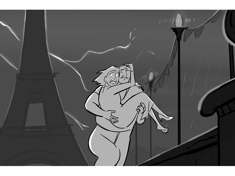A dramatic grayscale illustration of two people on a bridge in Paris during a storm, with the Eiffel Tower and lightning in the background.