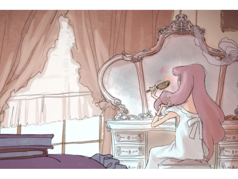 Woman brushing her pink hair at an ornate vanity with a large mirror and draped windows in the background.