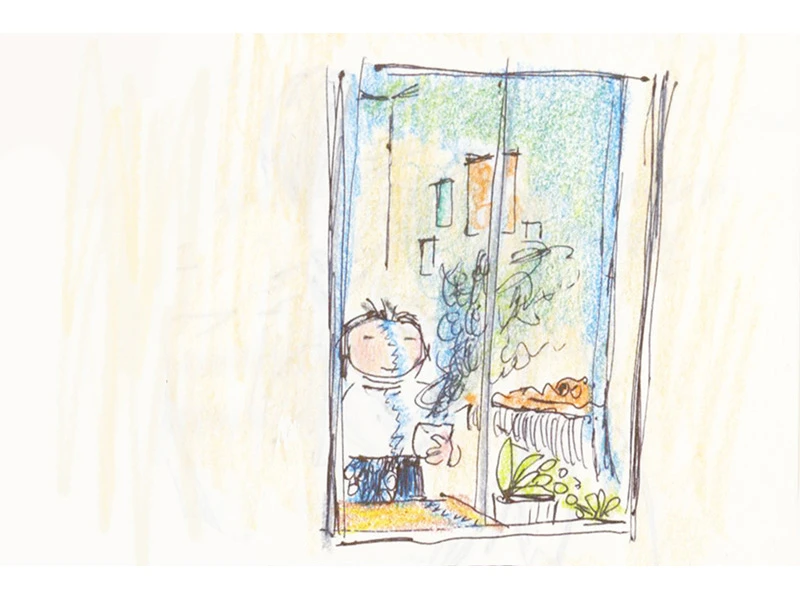 A whimsical drawing of a person with a cup, looking out a window, with a cat and plants in the background.