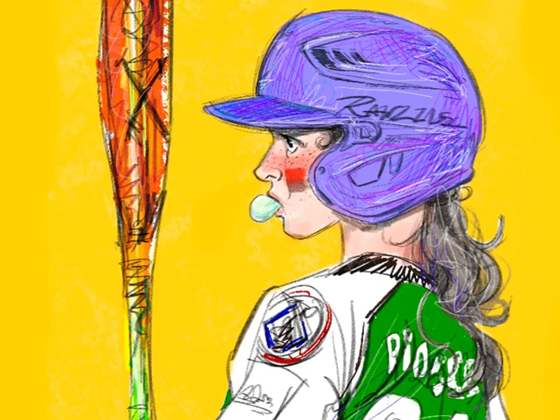 Illustration of a baseball player wearing a purple helmet and holding a colorful bat against a yellow background.