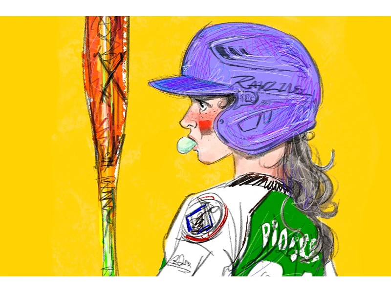 Illustration of a baseball player wearing a purple helmet and holding a colorful bat against a yellow background.