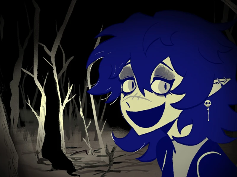 Animated character with blue hair smiling in a dark, barren forest.