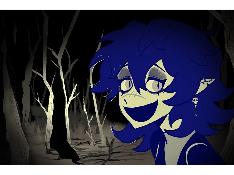 Animated character with blue hair smiling in a dark, barren forest.