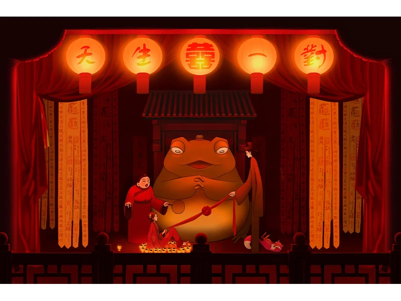 A theatrical stage set with a large humanoid frog statue, flanked by two figures in traditional attire, with red lanterns and drapes.